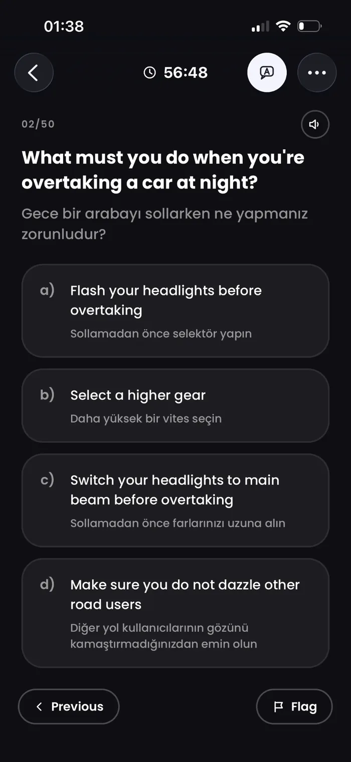 Drivingo mock test question about overtaking at night, with every answer translated into Turkish underneath.